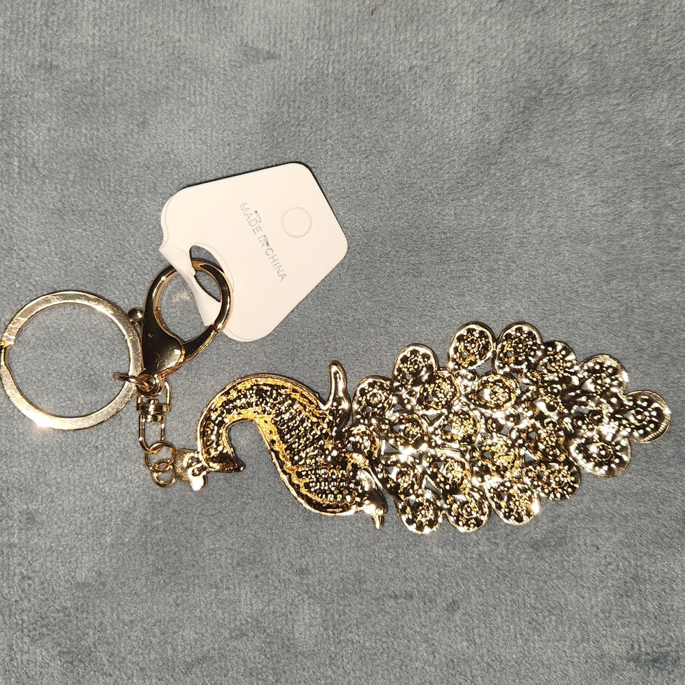 Blue Peacock with Gold Accents Bag Charm Keychain - Picture 3 of 4